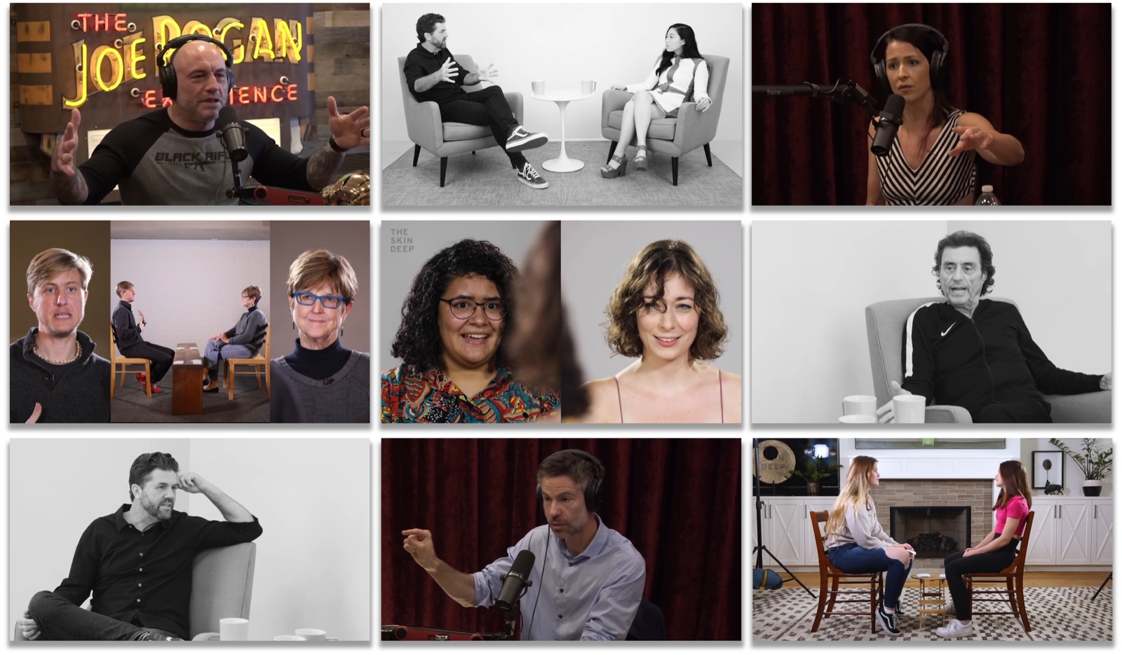3x3 grid of frames sampled from YT-Conversation showing different conversational scenarios.