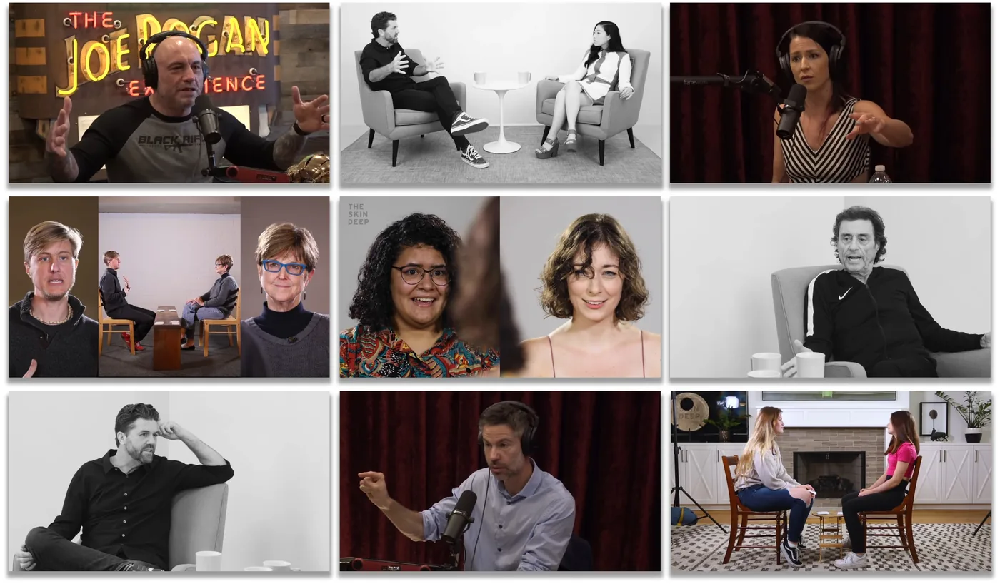A three-by-three grid of frames from YouTube conversations: podcast studios, interview sets, and living-room chats.
