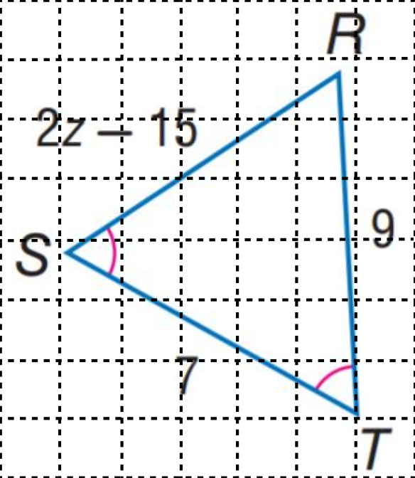 Triangle RST on a patch grid. Side RS is labelled 2z minus 15, side RT is 9, side ST is 7. The angles at S and T carry matching marks.